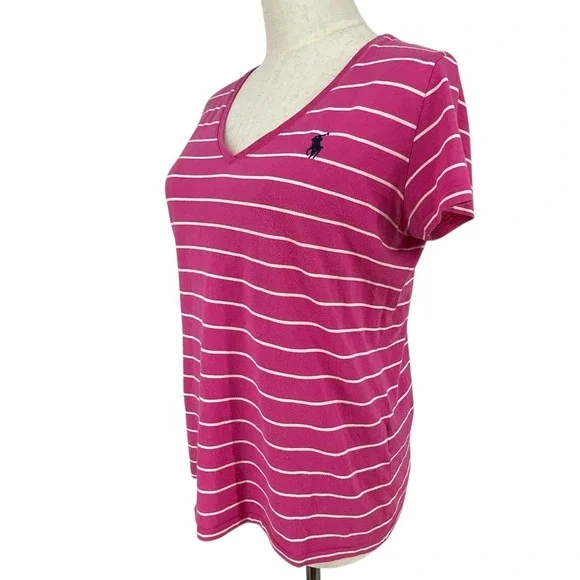 Ralph Lauren Sport Pink White Striped V Neck Short Sleeve Cotton T Shirt Top S - Picture 3 of 8